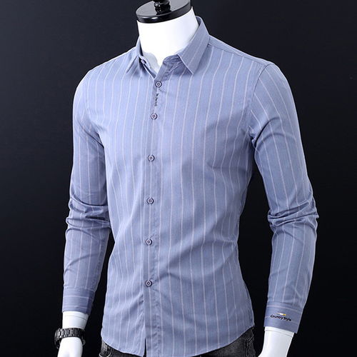 湯河之家 2019秋季新款長(zhǎng)袖襯衫男青年時(shí)尚修身精品刺繡條紋襯衣男裝c