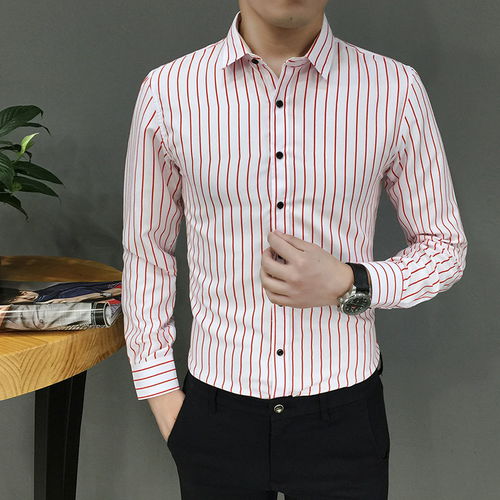 19新春時尚男士襯衫男條子休閑男寸衣韓版修身商務(wù)襯衫長袖