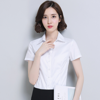 新款白襯衫女短袖V領襯衣棉夏裝職業修身純色工作服韓版正裝寸衫